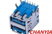 双层USB母座亮面蓝色胶芯18pin卧式插板DIP90度四弯脚固定Om Nom