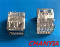 深圳双层USB-AF母座厂家沉板破板款透明塑胶端子水晶塑胶双鱼叉脚