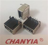 南山USB母座厂家AF款全包式双弯脚插板DIP90度平口无翘边高阻尼感